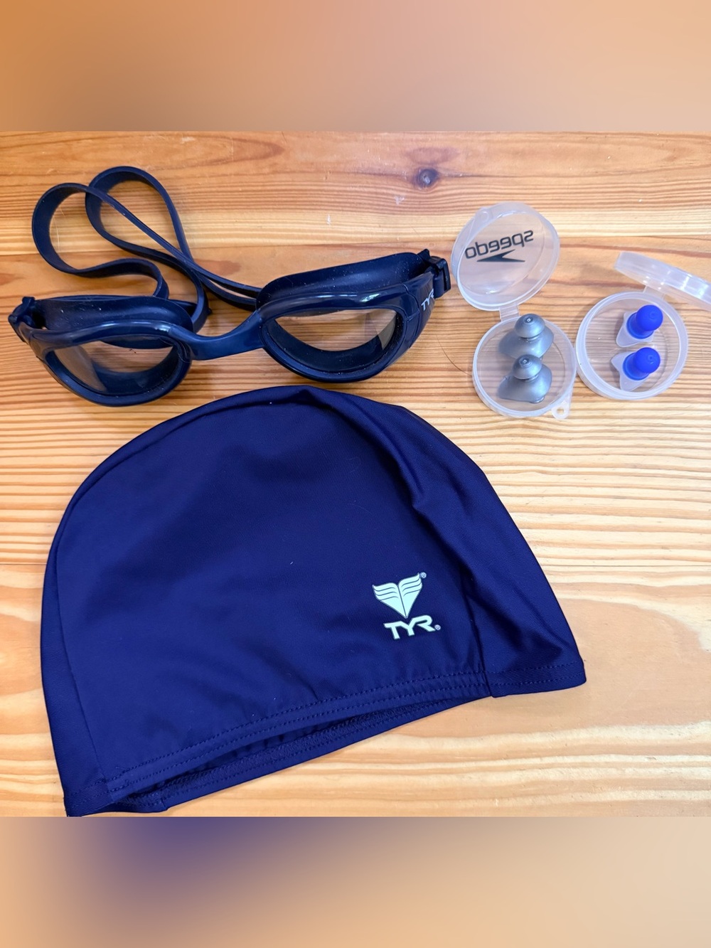 TYR Navy Swim Cap with Navy TYR Goggles and Blue Earplugs